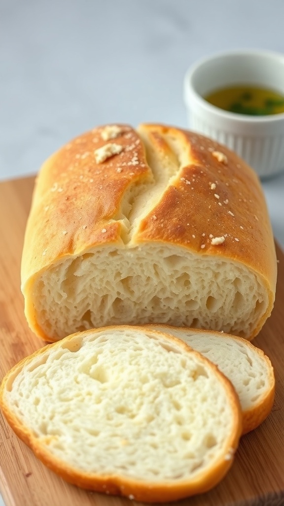 Gluten-Free Bread Machine Recipe A golden brown loaf of gluten-free bread sliced on a wooden board with a bowl of olive oil.